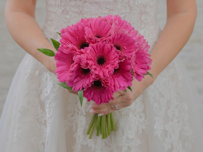 Gerber Daisy Bouquet Cordelia Cascade Bouquet with hydrangea flowers mixed with calla lilies and bella donna.