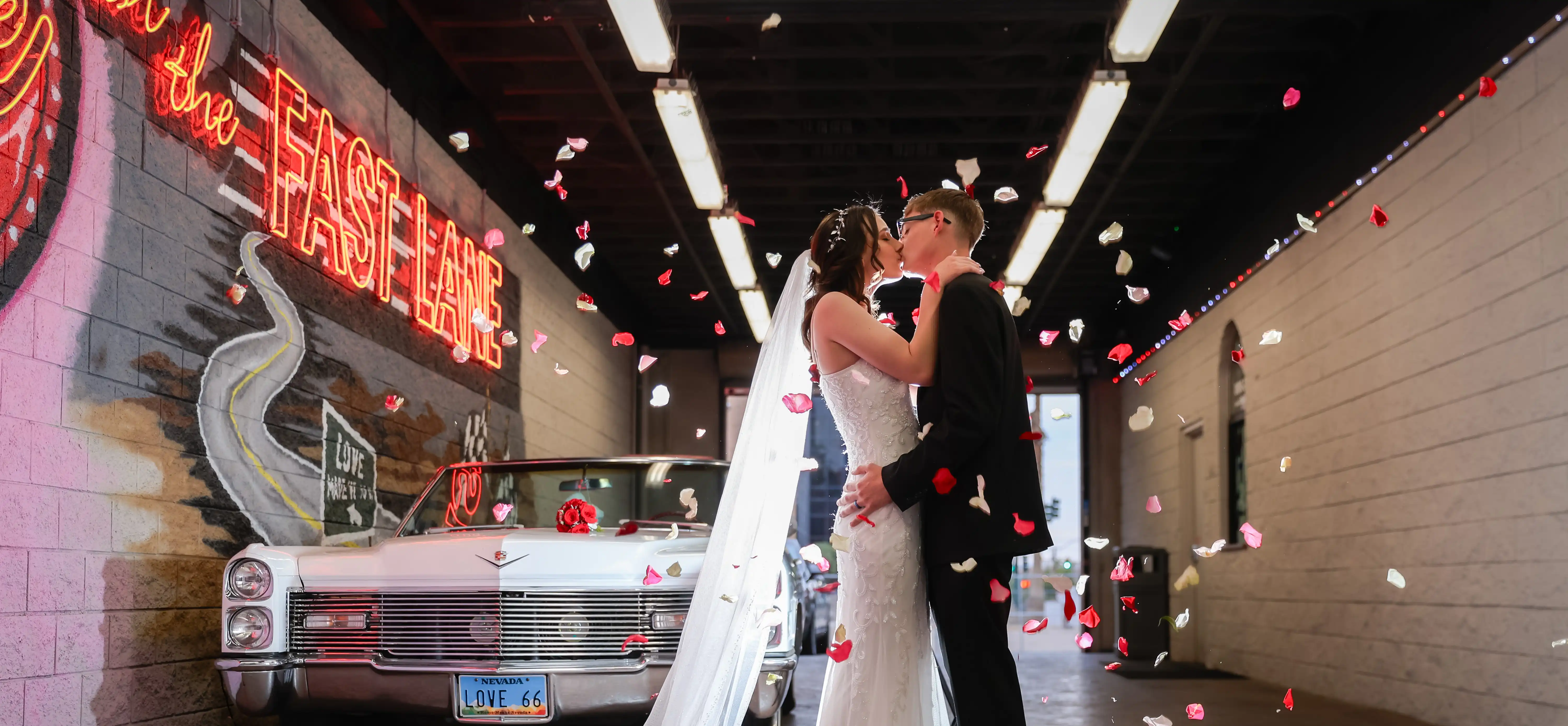 Bride and groom enjoying a patriotic-themed Las Vegas wedding in Liberty Lane