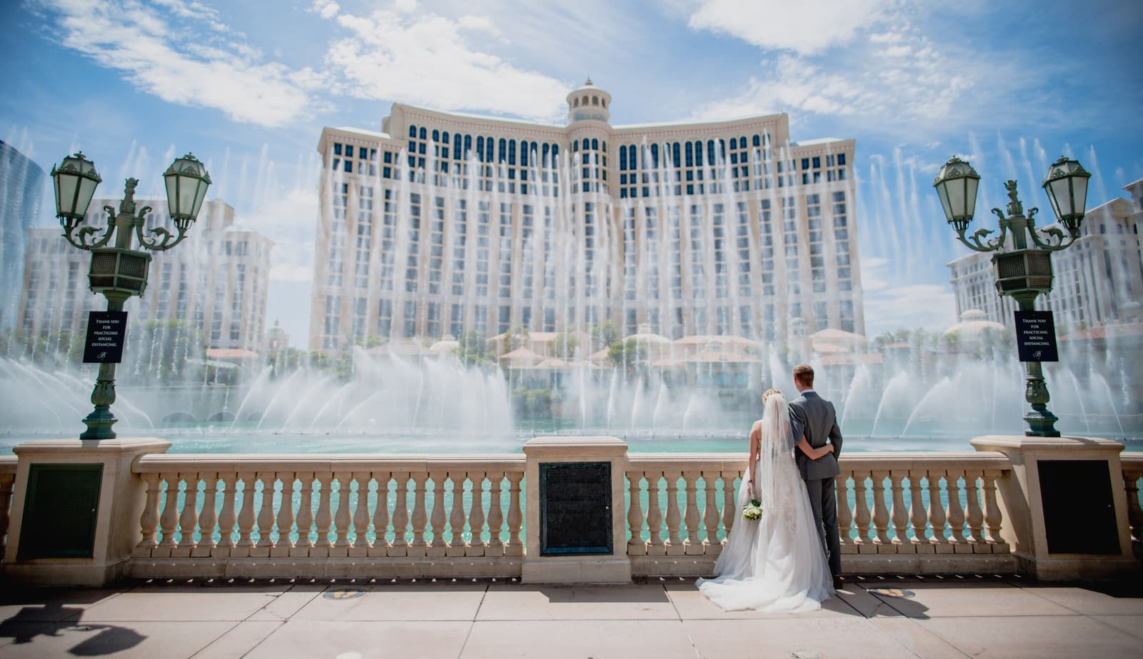 Vegas Strip fountains wedding photo