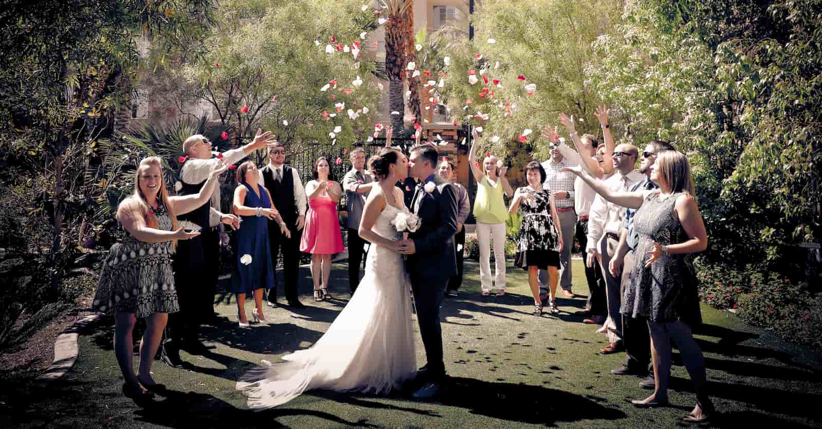 Guests circle the newlyweds and toss rose petals