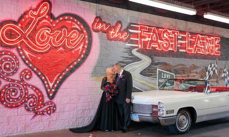 A wedding vow renewal in a drive thru in Vegas