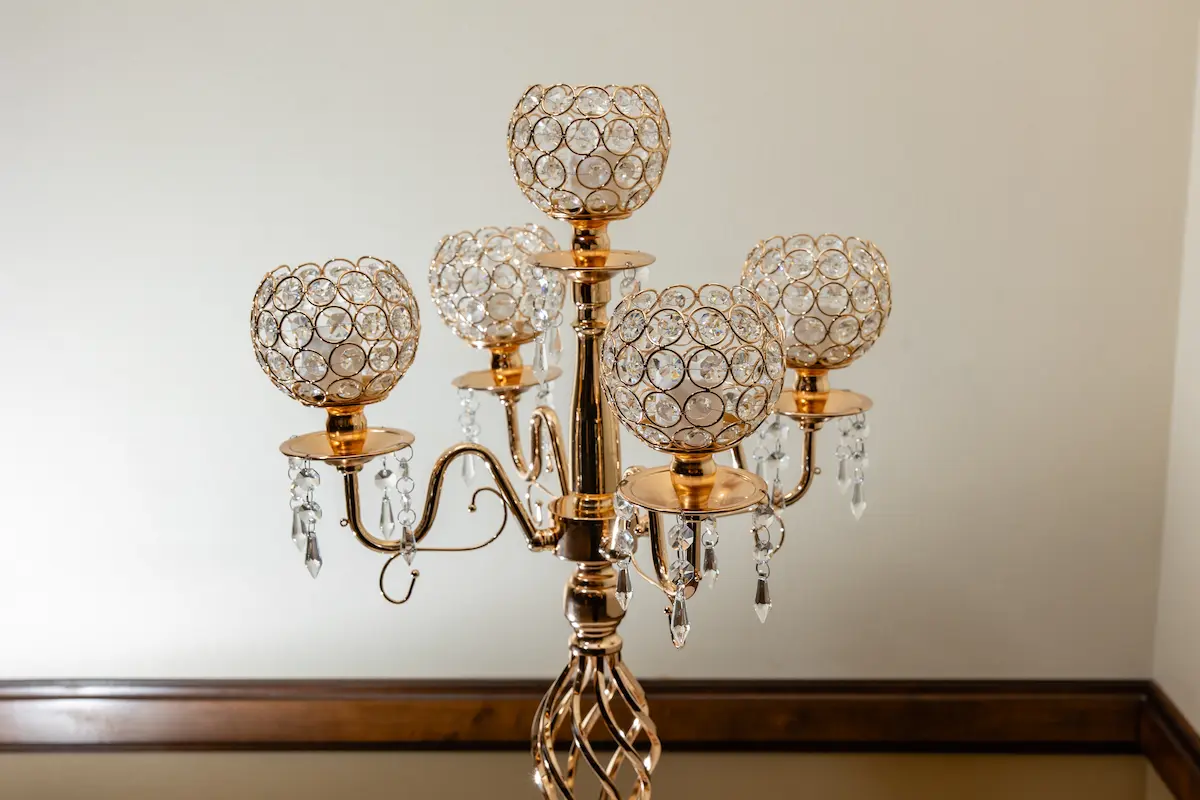 5-arm gold crystal candelabra centerpiece rental for Las Vegas wedding reception